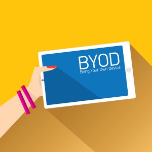 vector flat design concept of BYOD bring you own device. hand holding device. flat style vector illustration