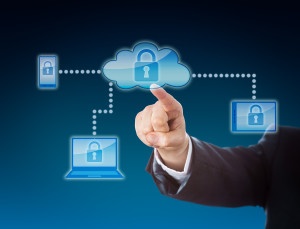 Cloud computing security business metaphor in blue colors. Corporate arm reaching out to a lock symbol inside a cloud icon. The padlock repeats on cellphone tablet PC and laptop within the network.
